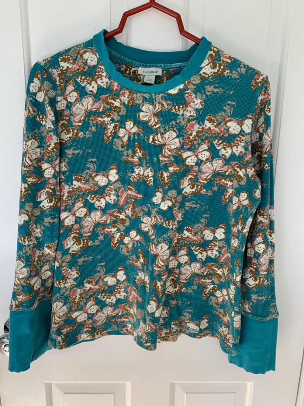 Sundance Teal Floral Butterfly Waffle-Knit Top